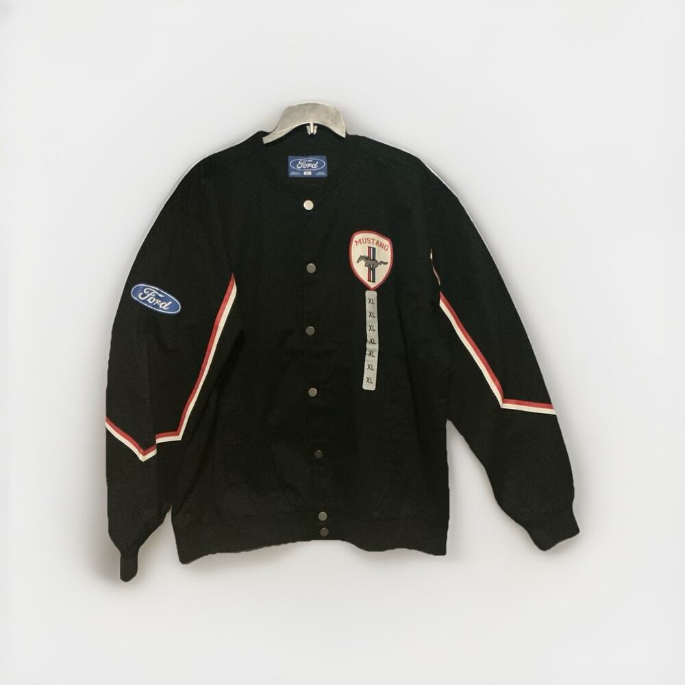 Men’s Ford Road Trip Mustang Car Logo Black Bomber Jacket SZ XL NWT